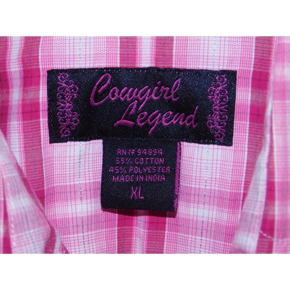 Cowgirl Legend Western Shirt Womens Medium XL Pink Plaid Short Sleeve Pearl Snap - Picture 3 of 3